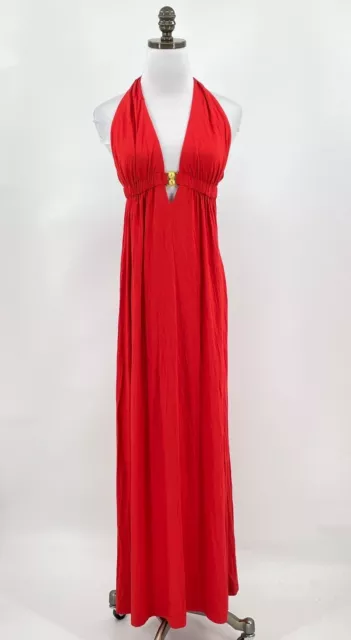 Trina Turk Womens Red Halter V Neck Open Back Sleeveless Long Maxi Dress Sz 4