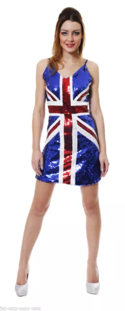 Ladies Union Jack Sequin Spice Girls Costume British Fancy Dress Small Sized