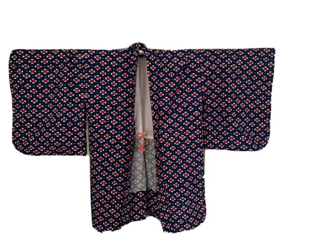 Japanese Wool Short Kimono Jacket Cover (Haori) Blue  Red Floral Pattern Sz Med