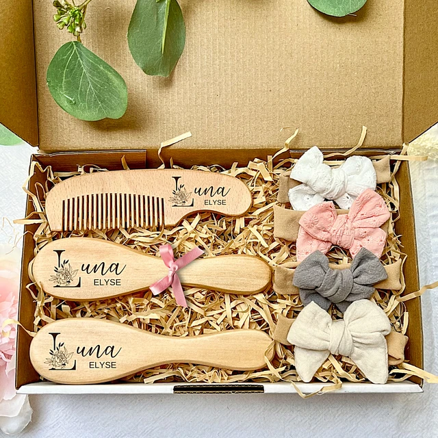 Personalised Baby Hair Brush, Comb and Hair Bow Gift Box, First Birthday Gift