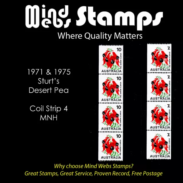 Australian Decimal Coil Stamps 1971& '75 Sturt Desert Pea 7c & 10c MNH Strips 4