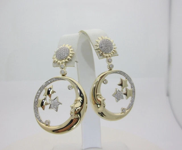14k Diamond Dangle Earrings Solid Gold Sun Moon Stars Drop Natural .90ctw E289