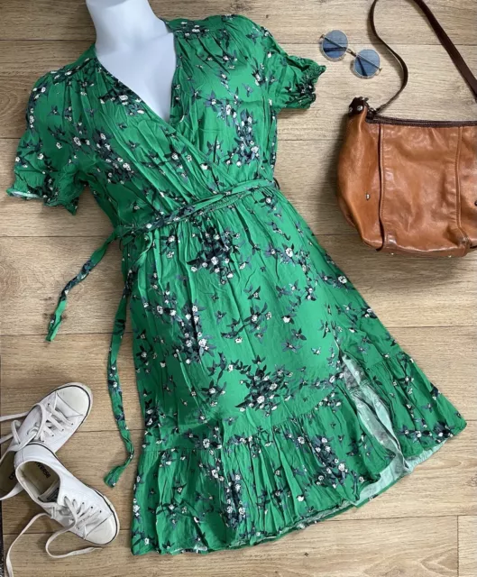 Vibrant Chic Green Floral Print Faux Wrap Midi Dress Tie Waist Tiered Hem Sz 16