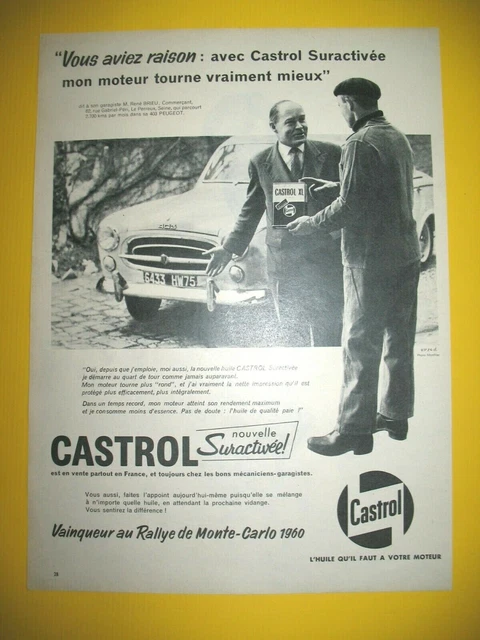 PUBLICITE DE PRESSE CASTROL HUILE SURACTIVéE AUTOMOBILE PEUGEOT 403 AD 1961