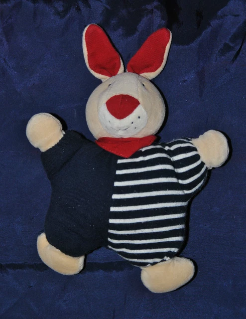 Peluche Doudou Lapin Beige MILETTE Bleu Rayé Bandana Rouge Hochet 20/26 Cm TTBE