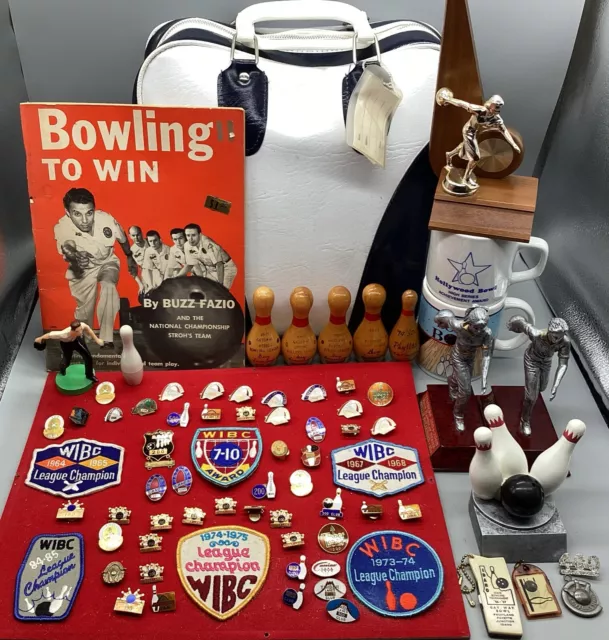 BOWLING Collectible Lot — Vintage Ball Bag AWARD PINS PATCHES lighter TROPHIES