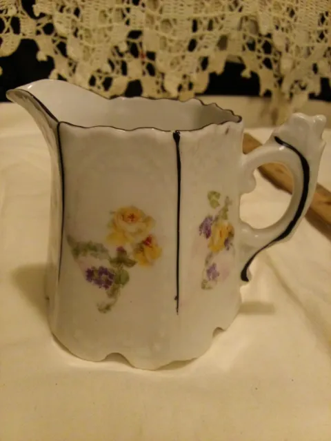 Antique rs prussia porcelain creamer pitcher Dresden flowers black lines petite