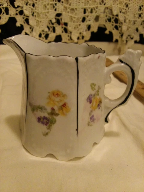 Antique rs prussia porcelain creamer pitcher Dresden flowers black lines petite