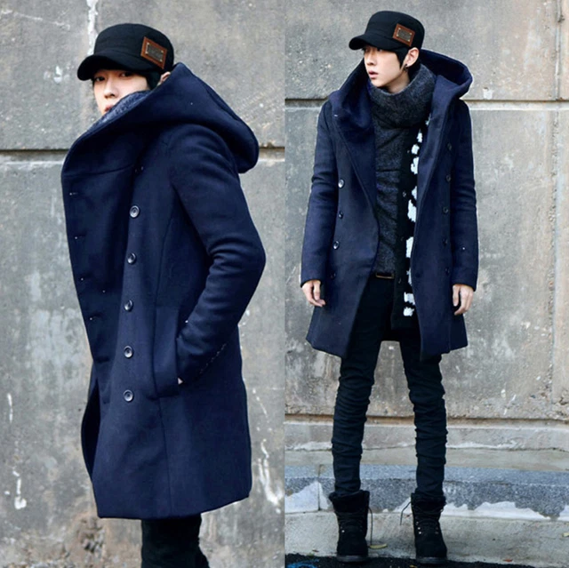 Men's Woolen Hooded Trench Coat Jacket Warm Double-Breasted Coat Winter Autumn