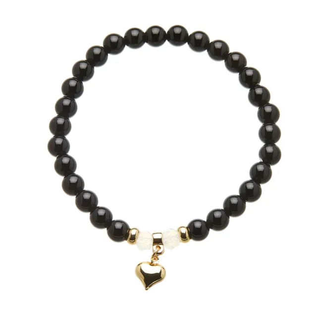 Womens Charm Bracelet Black Onyx beads stretch with a gold heart - Rae B09
