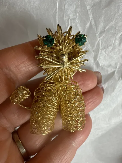 Adorable MCM Modernist Gold Tone Cat Brooch, Wire Pin Green Rhinestone Eyes
