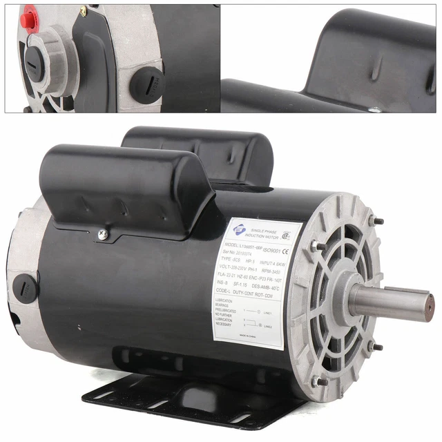 5HP Air Compressor Single Phase Electric Motor 143/5T Frame 7/8" Shaft 3450RPM