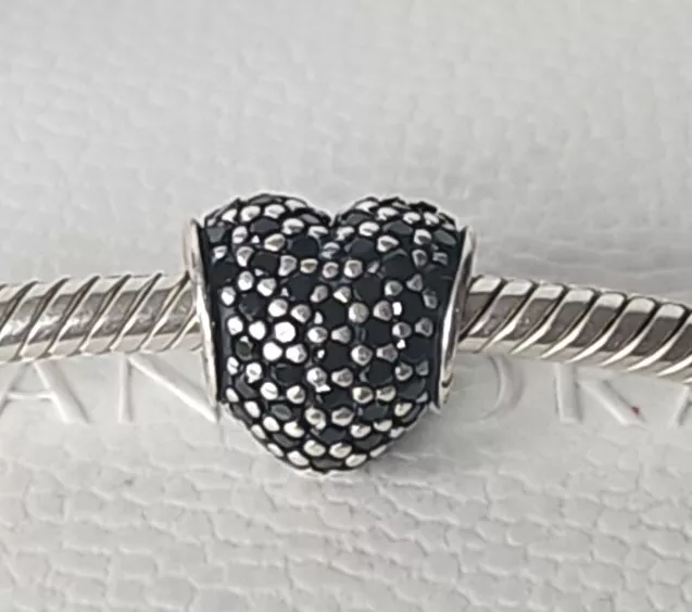 Genuine Pandora Bracelet Charm - Silver & Black Pave Heart Charm S925 ALE