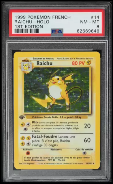 Raichu 1999 Pokemon French Set de base 1 Edition Holo 14/102 PSA 8 NM - Mint