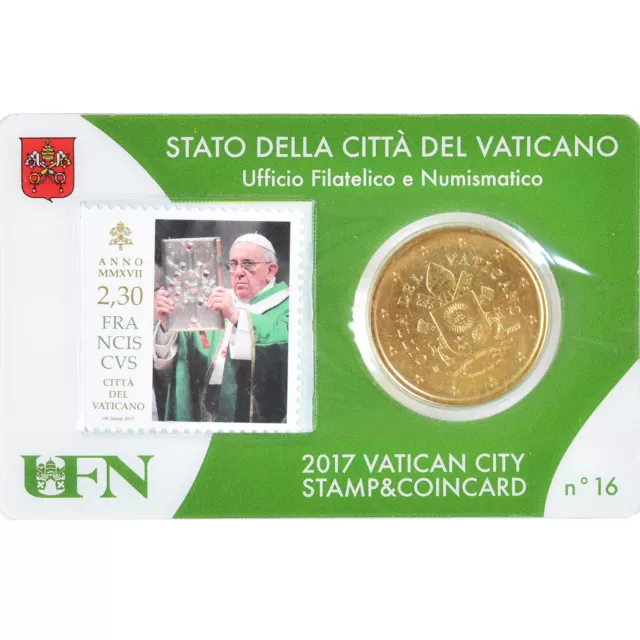 [#1022626] VATICAN CITY, 50 Euro Cent, 2017, Stamp and coin card N°16, MS, Br, a