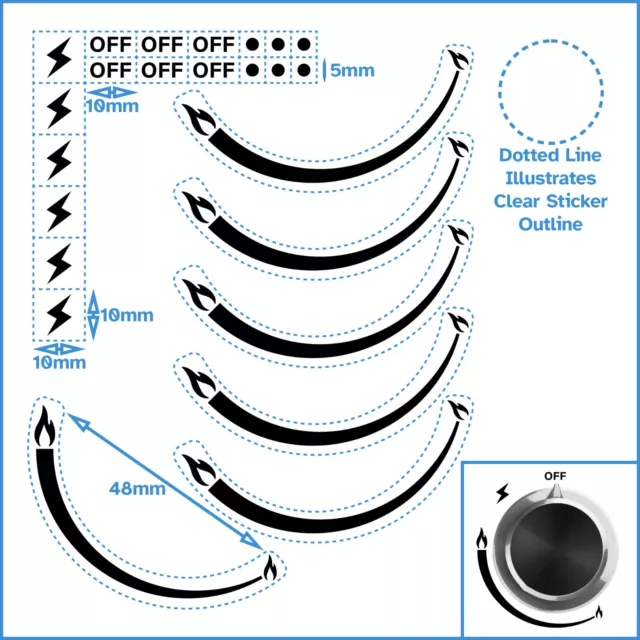 6 Flame Black 1/3 Turn Clockwise Gas Hob Dial Stove Knob Adhesive Label Decal