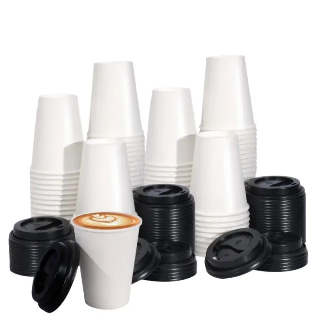 100 Pack 8oz Disposable Paper Coffee Cups w/Lids Hot/Cold Beverage Drinking Cups