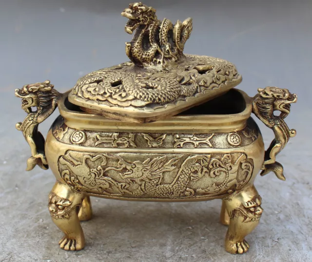 Marked Chinese Old Bronze Dragon Dragons Foo Fu Dog Lion Incense Burner Censer