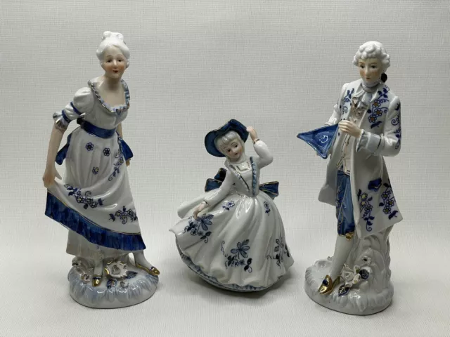 3x Porcelain Doll Figures Victorian Style Blue White Gold Girl Man Woman Vintage