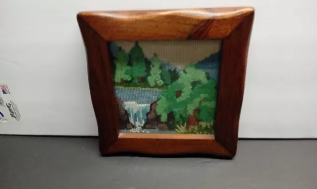Framed vintage needlepoint Waterfall Scene From Lancaster Co PA