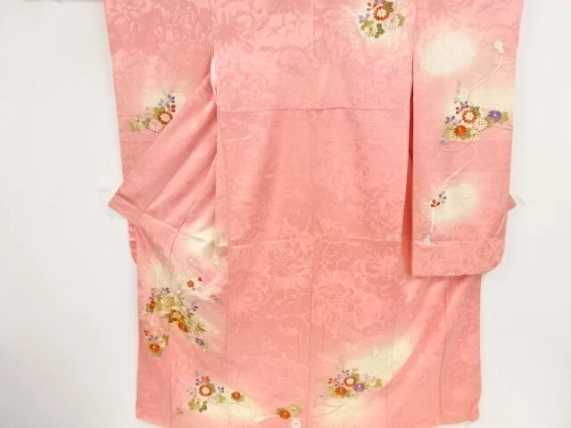 81935# Japanese Kimono / Antique Furisode / Embroidery / Kumihimo Cord With Peon