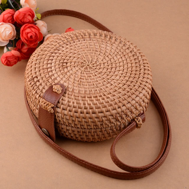 Bohemia Boho Rattan Straw Beach Bag Hand Woven Round Crossbody Purse Handbag v