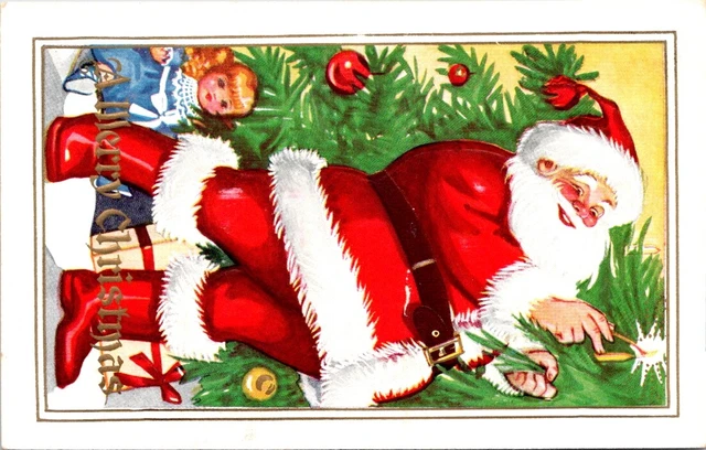 Full Length SANTA Lighting Candles on CHRISTMAS Tree Postcard - C-48