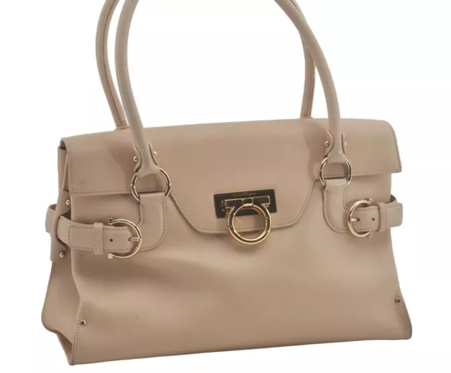 Authentic Salvatore Ferragamo Gancini Leather Shoulder Hand Bag Beige 7795I