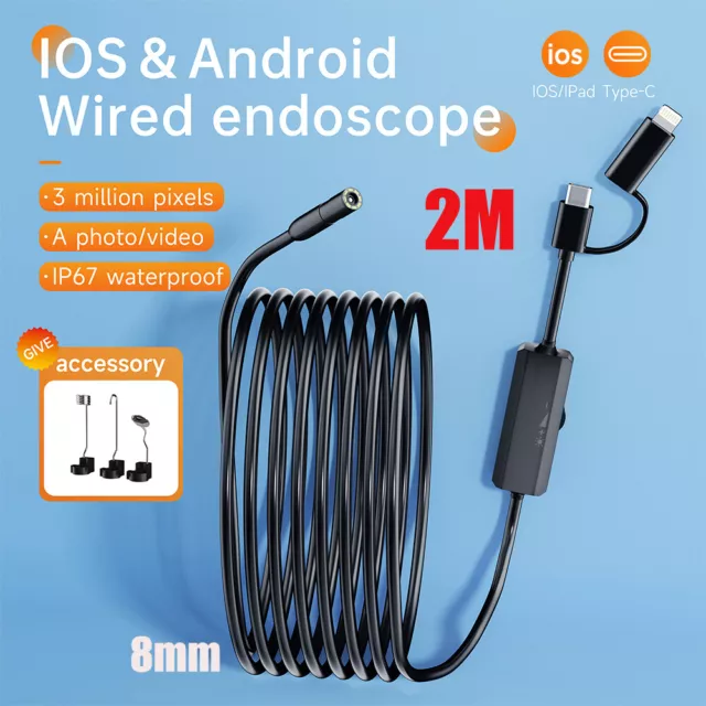 2M 8 LED Snake Endoscope Borescope Inspection Camera Scope for iPhone Android