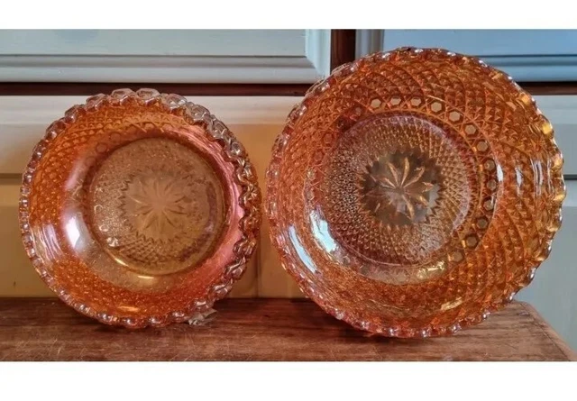 Vintage 70s Home Decor Carnival Glass Orange Bowls x 2 Brilliant Display