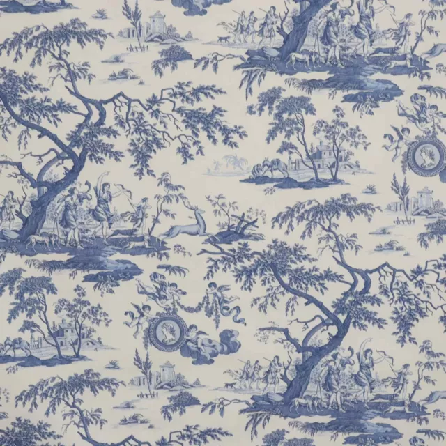 French Cherubs Toile De Jouy Blue/White Double Width Fabric | 100% Cotton