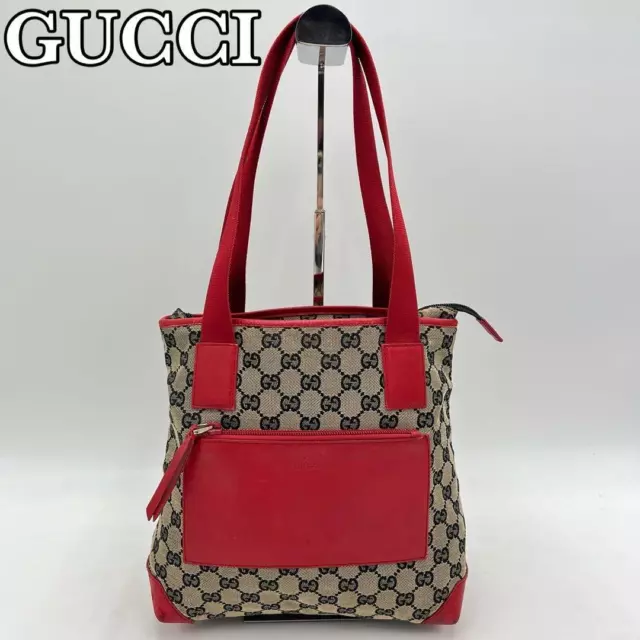 GUCCI Tote Bag Shoulder Handbag GG Canvas Leather Red Women Authentic MBa0568