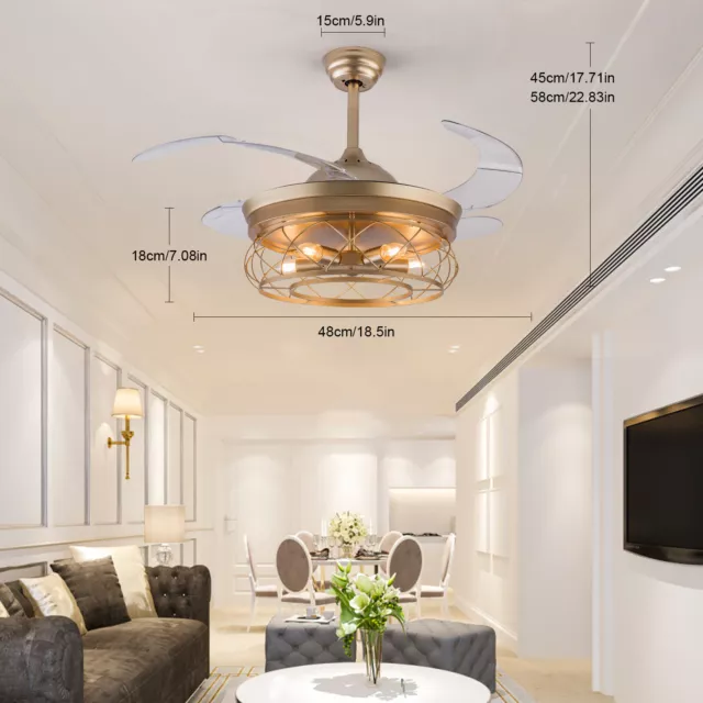 42in Gold Ceiling Fan Chandelier w/ Light & Remote Control Retractable Blades
