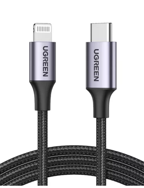 Cable Cargador Rápido USB C a Lightning UGREEN MFi trenzado PD - 2M - Negro