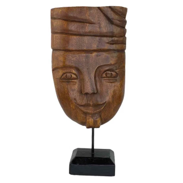Vintage Wood Carved Turban Head Bust Mask Wood Base