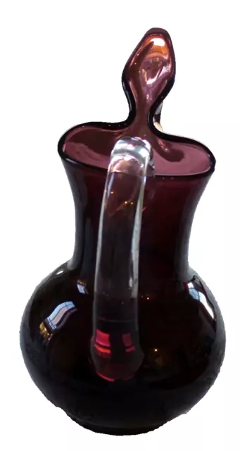 BISCHOFF HAND BLOWN PURPLE PITCHER POINTED SPOUT CLEAR APPLIED HANDLE 9''x6" 3