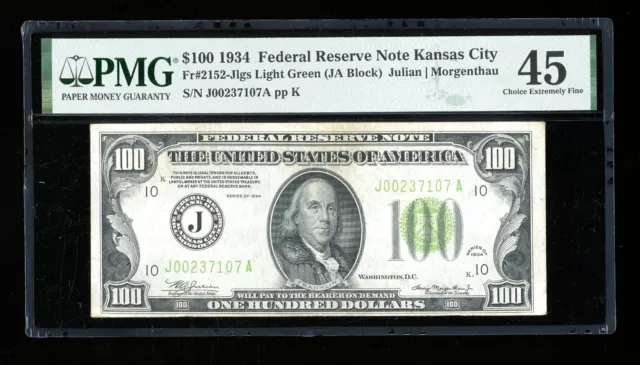 DBR 1934 $100 LGS FRN Kansas City Fr. 2152-Jlgs PMG 45 Serial J00237107A