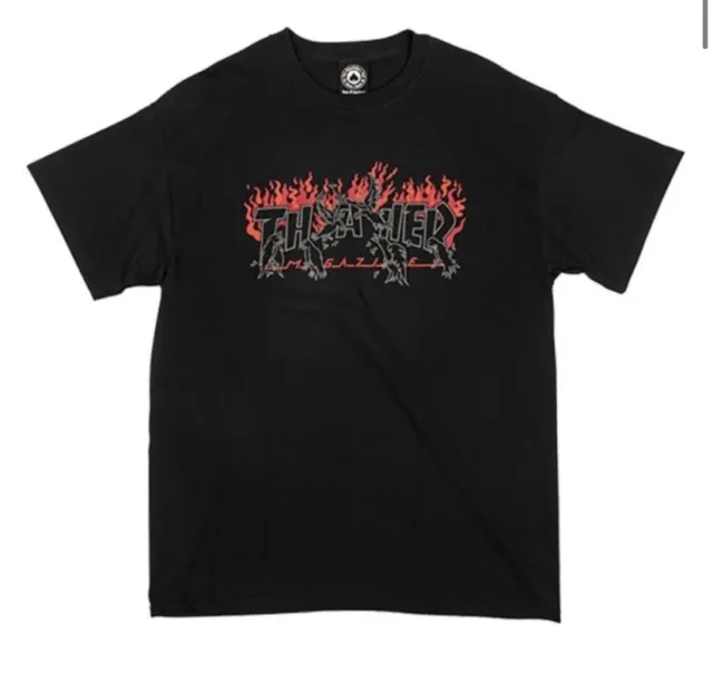 THRASHER Men T-Shirt Medium Black Crows Fire Flame Logo Graphic Short Sleeve Tee