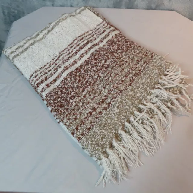 WOOLRICH Blanket Scarf Cream Brown Knit Striped Rustic 27x68" Soft Wrap Shawl 2