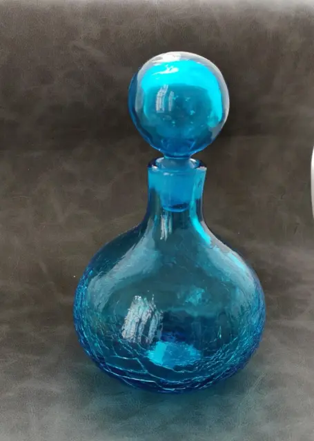 Blenko 636-S Crackle Glass Decanter Blue Wayne Husted MCM 1965