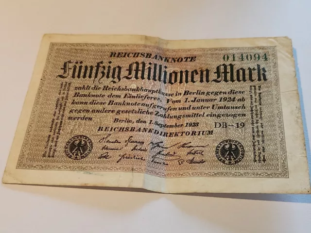 50 MILLION MARKS REICHSBANK Note . Dated September 1923 - 100 Years old !!