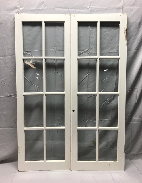 Pair Vintage 8 Lite Shabby Cabinet Cupboard Window Doors 16x46 Chic Old 146-23B