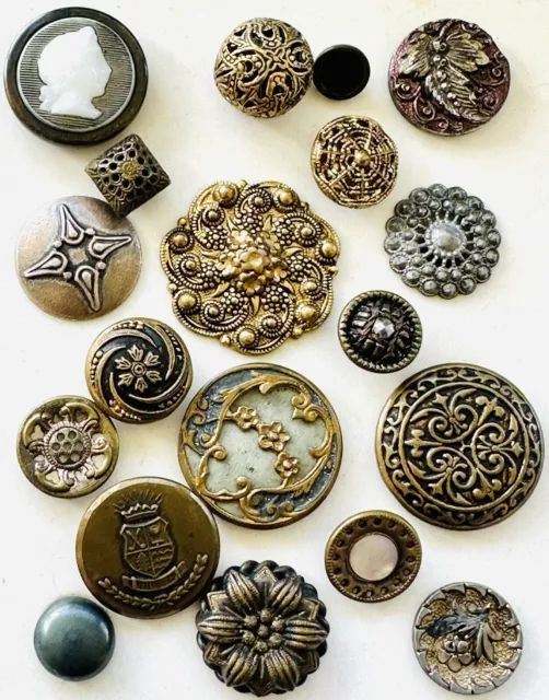 Lot of 19 Antique Victorian Metal Buttons-Lady Profile-Glass Irridescent-Pierced