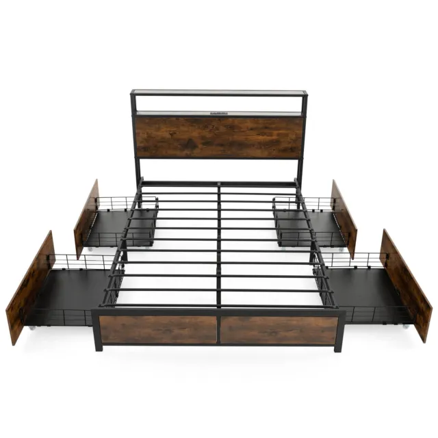 King Size Bed Frame Metal Bed Platform LED Lights Headboard & 4 Storage Drawers 3