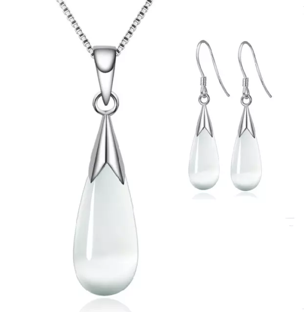 Women 925 Sterling Silver Set Opal Water Drop Earrings Chain Necklace Pendant