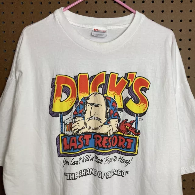 Camiseta blanca vintage Y2K años 2000 Dicks Last Resort Chicago promoción de comida 2XL para hombre