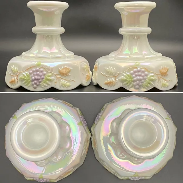 Westmoreland Iridescent Milk Glass Paneled Grape 2pc Candleholder Set USA 4"tall