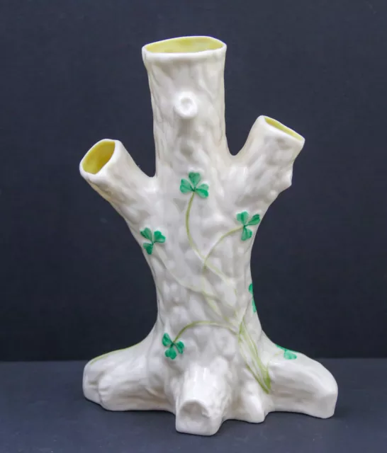 Vintage Belleek Irish Green Shamrocks Tree Trunk Vase