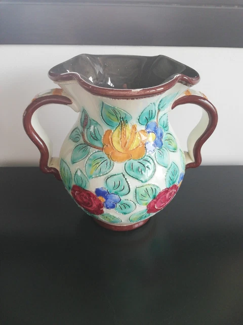 Vase à Anses en Faïence de Monaco Cerart Signé et Numéroté Motifs Fleurs Vintage