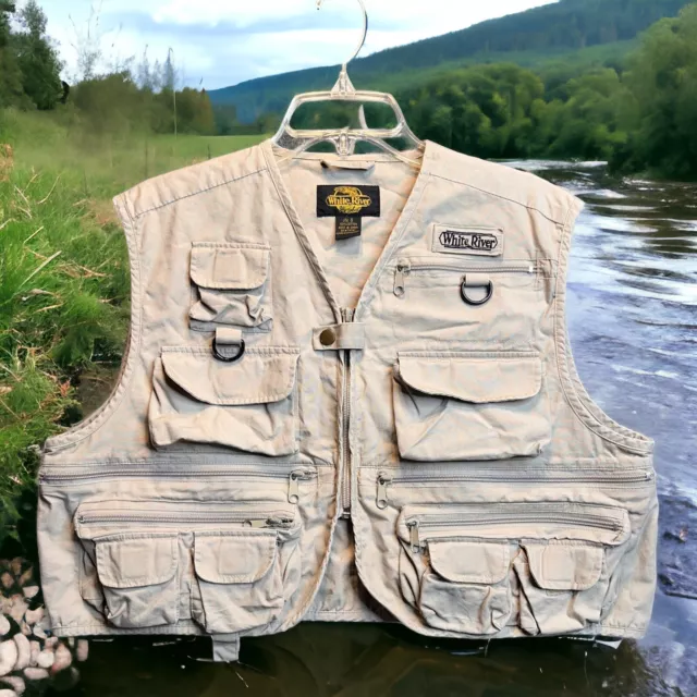 WHITE RIVER FLY Shop Fishing Vest Mens Small Beige Khaki Cotton Pockets Zip  $22.99 - PicClick